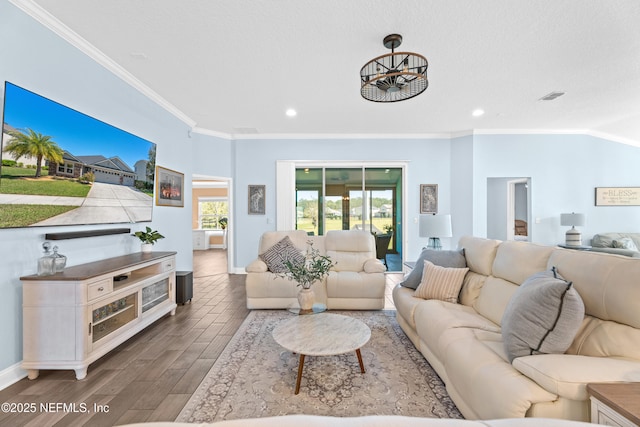 116 Providence Dr, Saint Augustine, FL 32092 - living area featuring visible vents, ornamental molding, recessed lighting, and wood finished floors