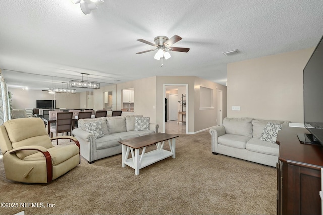 4133 Hidden Branch Dr N, Jacksonville, FL 32257 - living area with ceiling fan, a textured ceiling, light colored carpet, and visible vents