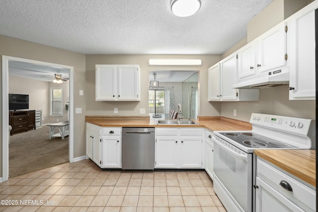 4133 Hidden Branch Dr N, Jacksonville, FL 32257 - kitchen featuring a sink, stainless steel dishwasher, white electric range, under cabinet range hood, and white cabinets
