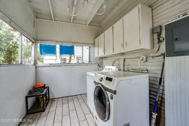 2855 Post St, Jacksonville, FL 32205 - laundry area with electric panel, washing machine and dryer, light wood-style flooring, and cabinet space