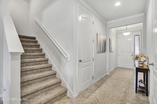 12424 Shady Bridge Trl, Jacksonville, FL 32258 - foyer with baseboards, ornamental molding, and stairs