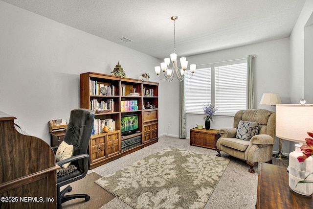 12424 Shady Bridge Trl, Jacksonville, FL 32258 - carpeted home office with an inviting chandelier, baseboards, and visible vents