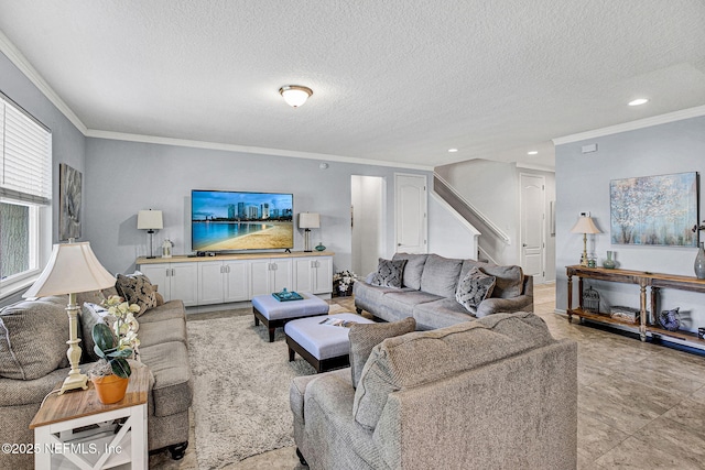 12424 Shady Bridge Trl, Jacksonville, FL 32258 - living area featuring ornamental molding, a textured ceiling, recessed lighting, and stairs