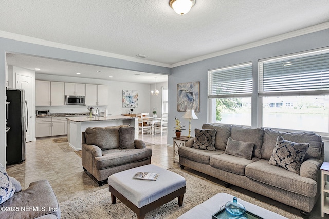 12424 Shady Bridge Trl, Jacksonville, FL 32258 - living room featuring a textured ceiling, light tile patterned floors, ornamental molding, and visible vents