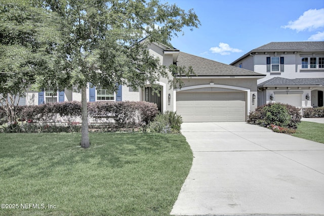 12424 Shady Bridge Trl, Jacksonville, FL 32258 - view of front of home featuring a front yard, a shingled roof, an attached garage, stucco siding, and driveway