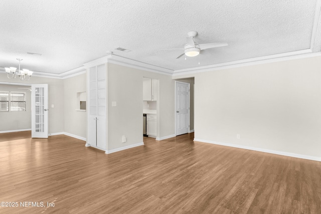 7653 Rolling Hills Dr, Jacksonville, FL 32221 - unfurnished living room with light wood-style flooring, ceiling fan with notable chandelier, crown molding, and visible vents