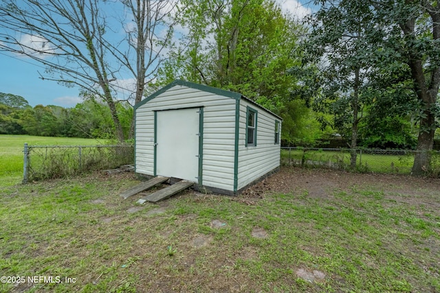 view of shed featuring a fenced backyard