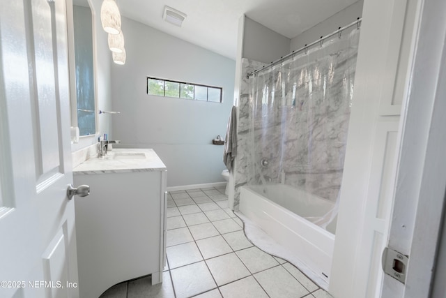 bathroom with tile patterned flooring, vanity, toilet, visible vents, and shower / bath combination with curtain