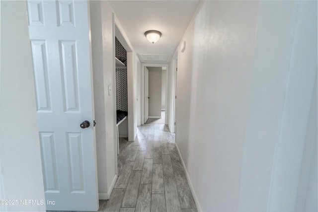 hallway featuring baseboards and wood tiled floor