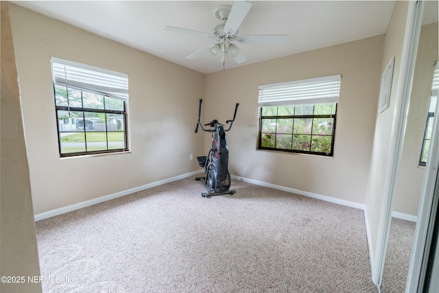 exercise room with carpet flooring, baseboards, and a healthy amount of sunlight