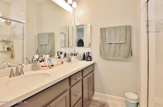11466 Leatherback Ct, Jacksonville, FL 32256 - full bathroom featuring baseboards, double vanity, a sink, and a stall shower