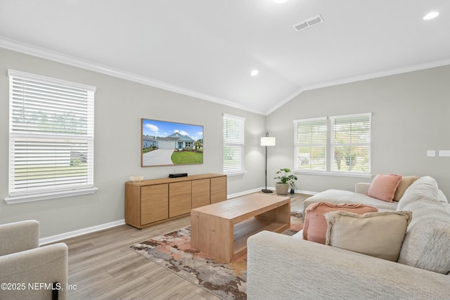 14 Balmoral Castle Dr, Saint Johns, FL 32259 - living area with light wood-style flooring, crown molding, baseboards, and lofted ceiling