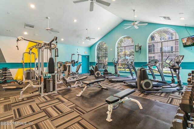 7800 Point Meadows Dr Unit 123, Jacksonville, FL 32256 - exercise room with a wainscoted wall, visible vents, carpet floors, and a ceiling fan