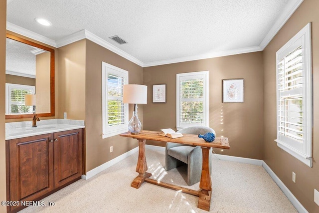 office area featuring baseboards, a textured ceiling, visible vents, and a healthy amount of sunlight