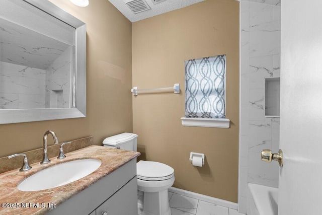 bathroom featuring visible vents, baseboards, marble finish floor, toilet, and vanity