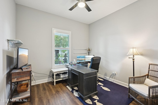 home office featuring dark wood-type flooring, baseboards, and ceiling fan