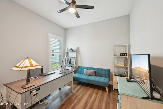 home office with wood finished floors and ceiling fan