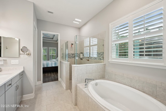 full bathroom with a walk in shower, a garden tub, vanity, tile patterned flooring, and visible vents