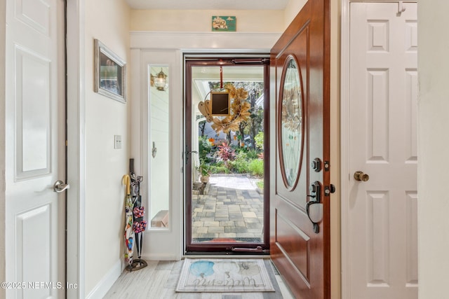 foyer entrance featuring baseboards, a healthy amount of sunlight, and wood finished floors