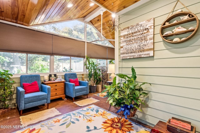 sunroom / solarium with lofted ceiling with beams and wooden ceiling