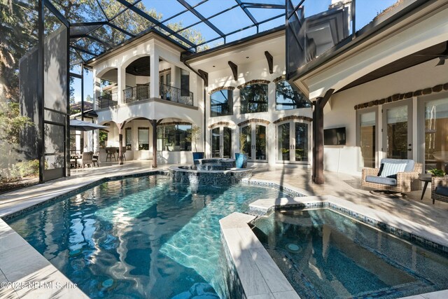 113 Cutter Ct, Ponte Vedra Beach, FL 32082 - view of pool featuring ceiling fan, french doors, a patio area, glass enclosure, and a pool with connected hot tub