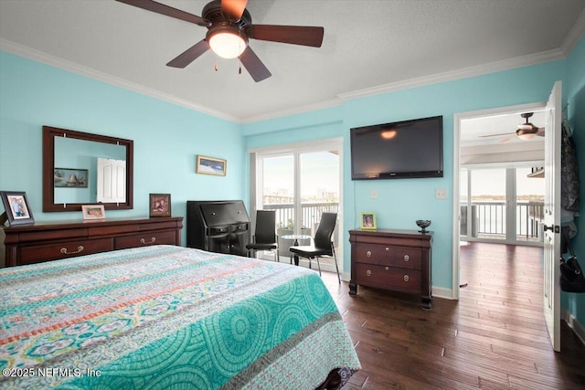 bedroom with access to exterior, multiple windows, crown molding, and dark wood finished floors