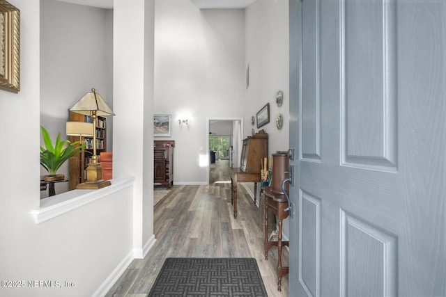 foyer entrance featuring wood finished floors, baseboards, and a high ceiling
