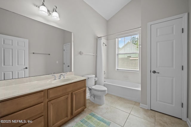 full bath with vanity, toilet, tile patterned floors, shower / tub combo, and vaulted ceiling