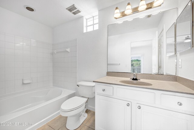 full bathroom with toilet, vanity, shower / bathing tub combination, tile patterned flooring, and visible vents
