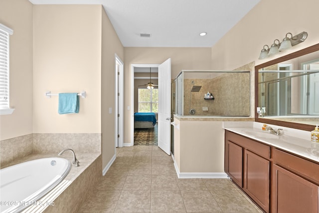 ensuite bathroom featuring a stall shower, tile patterned floors, vanity, a bath, and visible vents