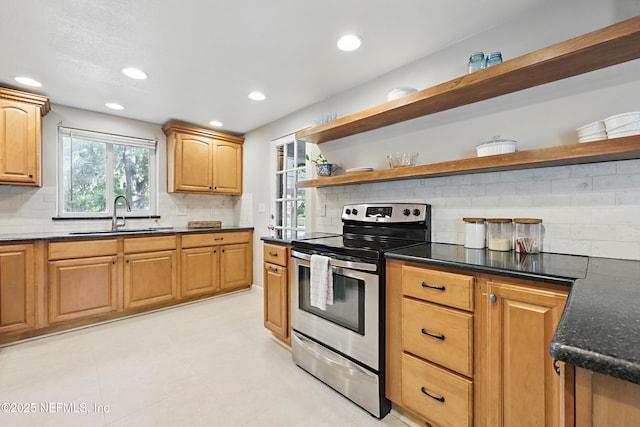 kitchen featuring decorative backsplash, a sink, open shelves, and electric stove