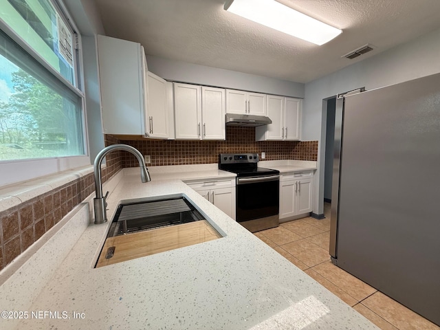 5521 Sabena Rd, Jacksonville, FL 32207 - kitchen featuring a sink, decorative backsplash, stainless steel appliances, under cabinet range hood, and white cabinets