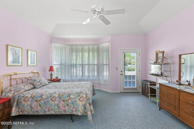 388 Lolly Ln, Saint Johns, FL 32259 - bedroom with baseboards, ceiling fan, access to outside, carpet, and vaulted ceiling
