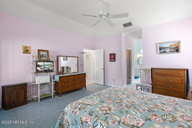 388 Lolly Ln, Saint Johns, FL 32259 - carpeted bedroom featuring connected bathroom, ceiling fan, high vaulted ceiling, baseboards, and visible vents