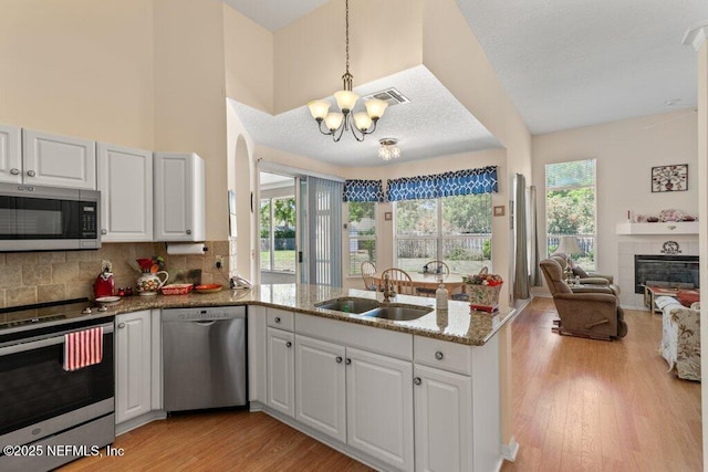 388 Lolly Ln, Saint Johns, FL 32259 - kitchen with a notable chandelier, a sink, light wood finished floors, stainless steel appliances, and a peninsula