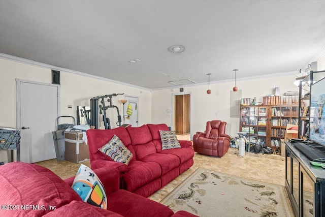 living area featuring crown molding and visible vents