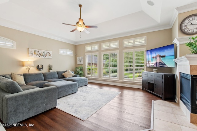 553 S Bridge Creek Dr, Saint Johns, FL 32259 - living area featuring a fireplace, wood finished floors, ornamental molding, a ceiling fan, and a tray ceiling
