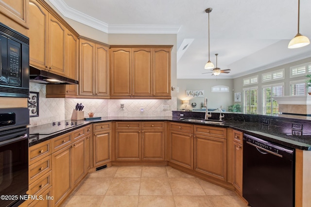 553 S Bridge Creek Dr, Saint Johns, FL 32259 - kitchen featuring a sink, under cabinet range hood, black appliances, and brown cabinetry