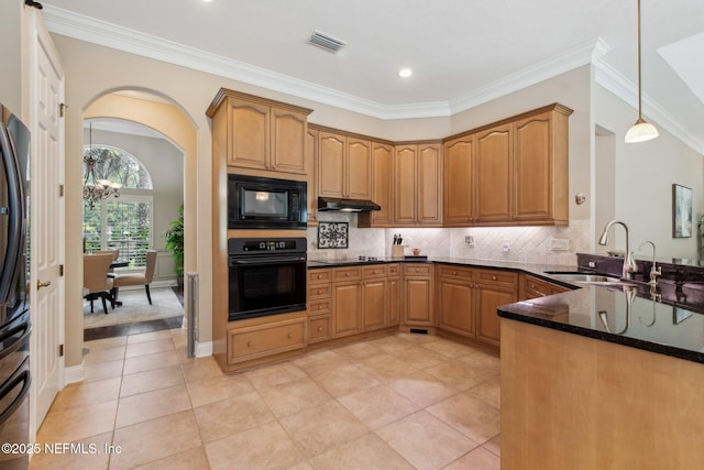 553 S Bridge Creek Dr, Saint Johns, FL 32259 - kitchen featuring dark stone countertops, under cabinet range hood, a sink, visible vents, and black appliances