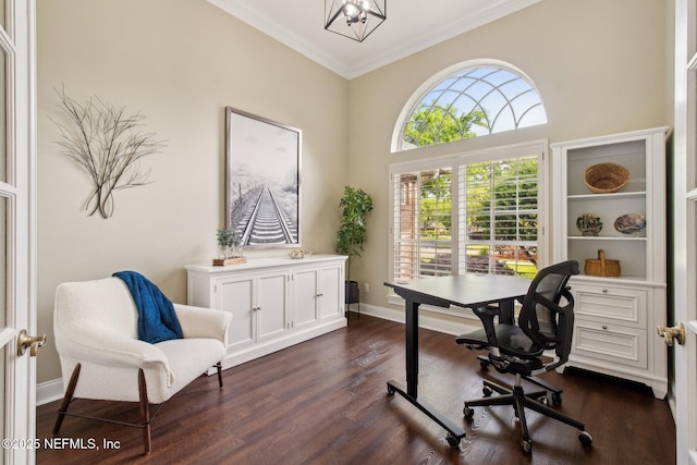 553 S Bridge Creek Dr, Saint Johns, FL 32259 - home office featuring dark wood-style flooring, ornamental molding, baseboards, and a chandelier