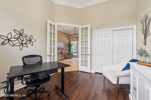 553 S Bridge Creek Dr, Saint Johns, FL 32259 - home office with crown molding, ceiling fan, dark wood-type flooring, a high ceiling, and french doors