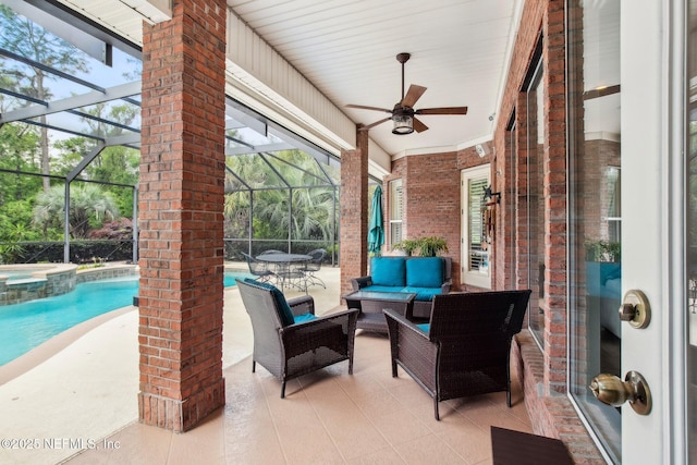 553 S Bridge Creek Dr, Saint Johns, FL 32259 - view of patio / terrace with an outdoor living space, ceiling fan, a pool with connected hot tub, and a lanai
