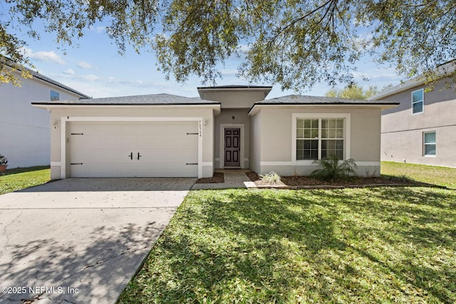 single story home featuring a front lawn, driveway, stucco siding, and a garage