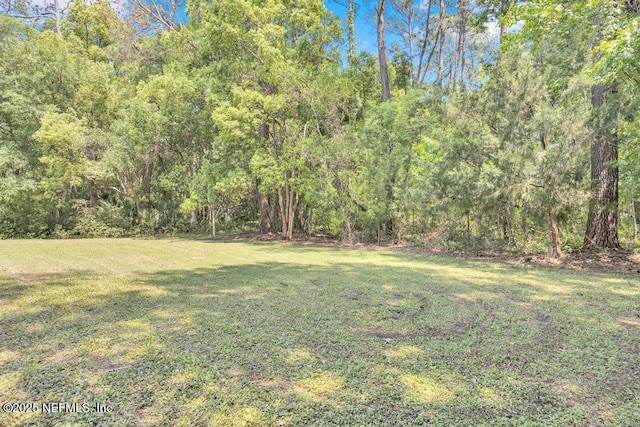 view of yard featuring a forest view
