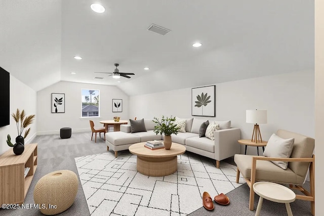 9921 Derby Gate Ct, Jacksonville, FL 32219 - living area featuring light colored carpet, vaulted ceiling, baseboards, recessed lighting, and ceiling fan