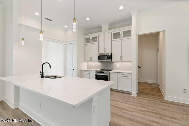 9921 Derby Gate Ct, Jacksonville, FL 32219 - kitchen featuring a sink, appliances with stainless steel finishes, light wood-style flooring, ornamental molding, and baseboards