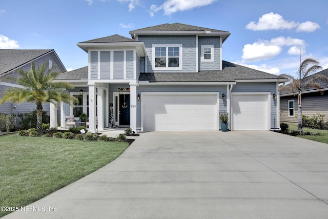 559 Willow Lake Dr, Saint Augustine, FL 32092 - prairie-style house featuring an attached garage, concrete driveway, a front yard, roof with shingles, and covered porch