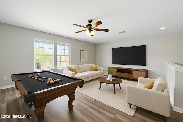 210 Crown Wheel Cir, Saint Johns, FL 32259 - recreation room with wood finished floors, ceiling fan, pool table, and recessed lighting