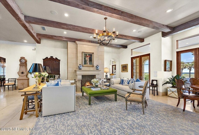 57 Ponte Vedra Blvd, Ponte Vedra Beach, FL 32082 - living area featuring a chandelier, recessed lighting, light tile patterned flooring, beam ceiling, and a warm lit fireplace