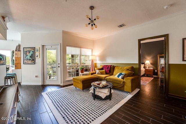10961 Burnt Mill Rd Unit 321, Jacksonville, FL 32256 - living room featuring baseboards, a chandelier, dark wood-style floors, crown molding, and visible vents